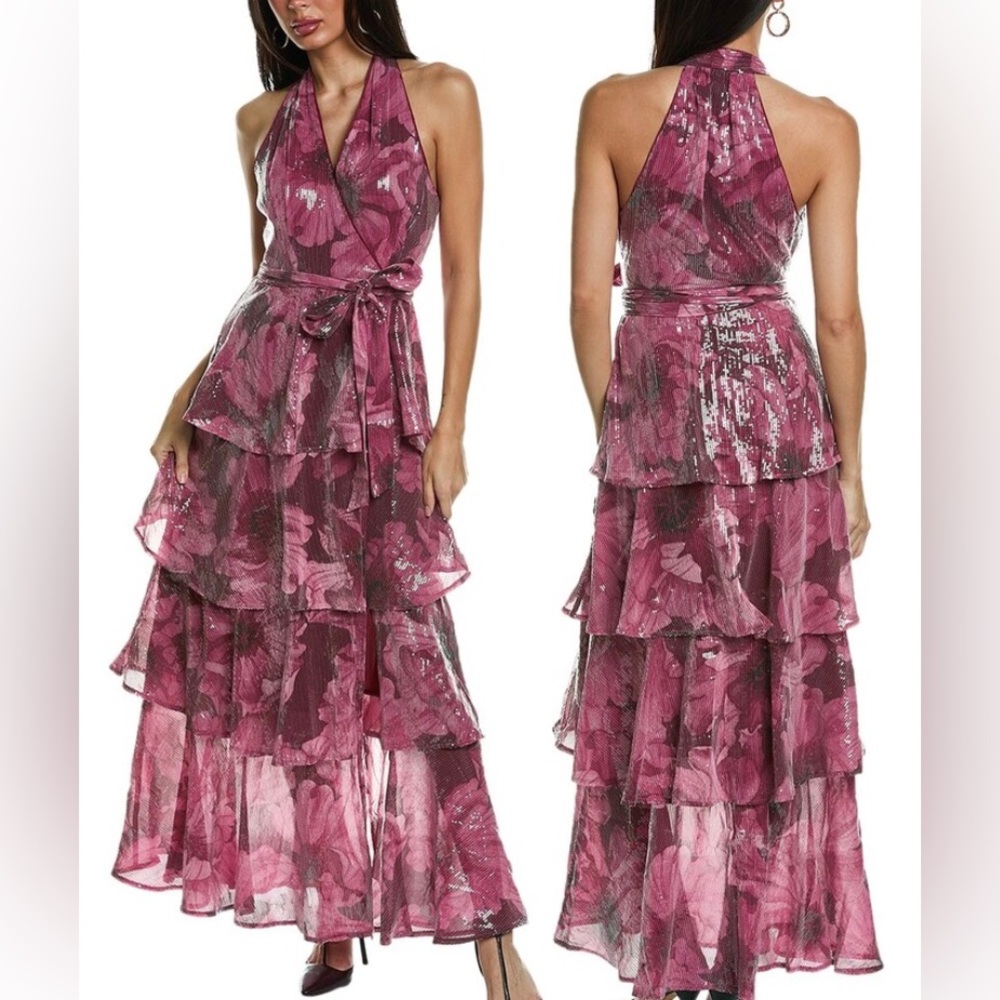 Hutch Paige Sleeveless Halter Sequin Printed Tiered Wrap Maxi Dress  - Size S